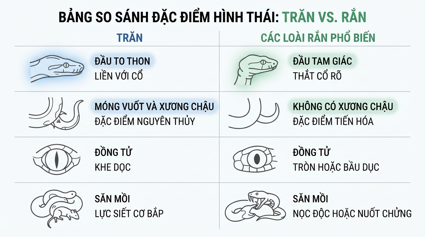 Bảng so sánh đặc điểm hình thái giữa con trăn và các loài rắn phổ biến.