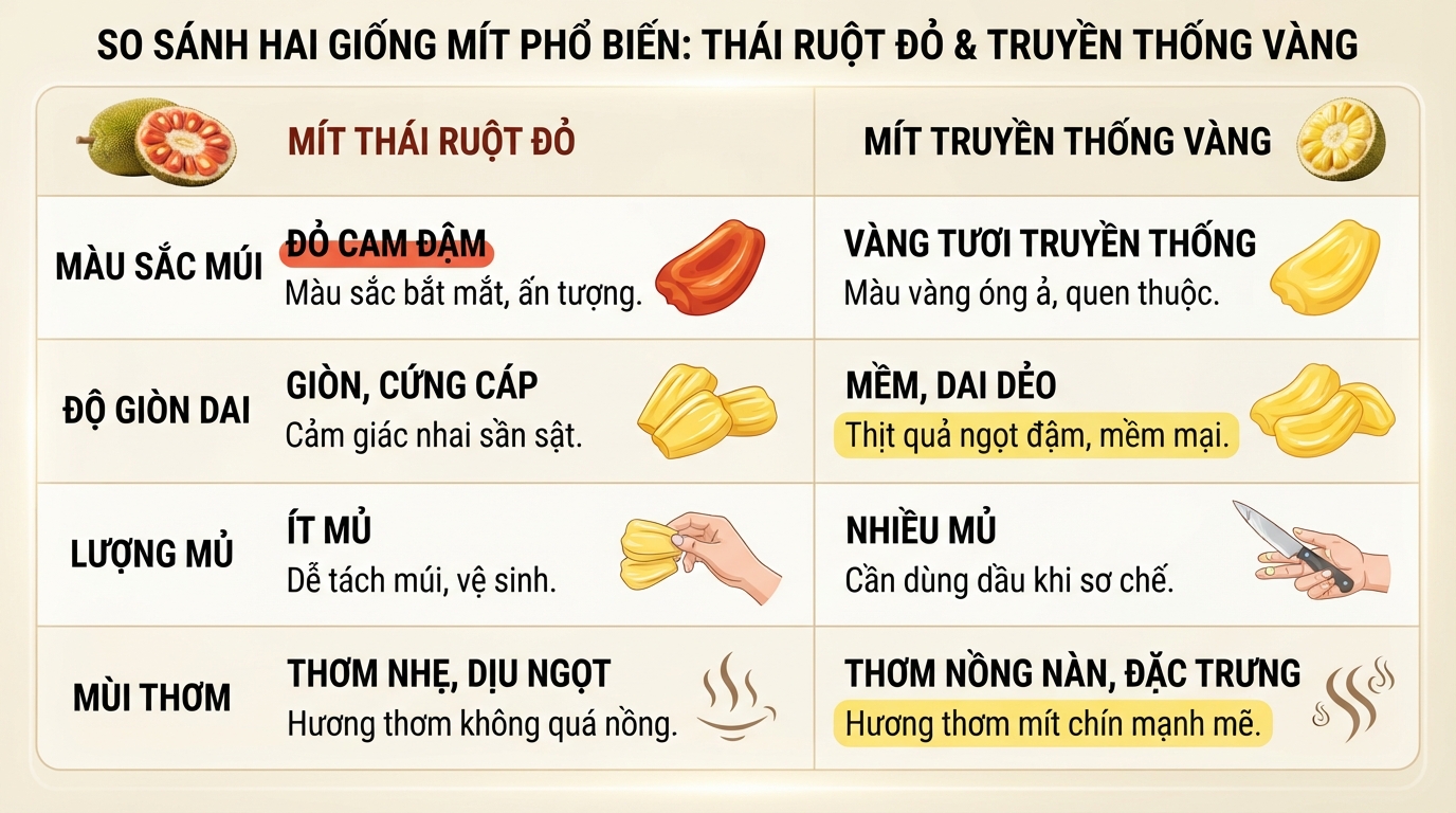 Bảng so sánh đặc điểm hình thái và hương vị giữa hai giống mít phổ biến.