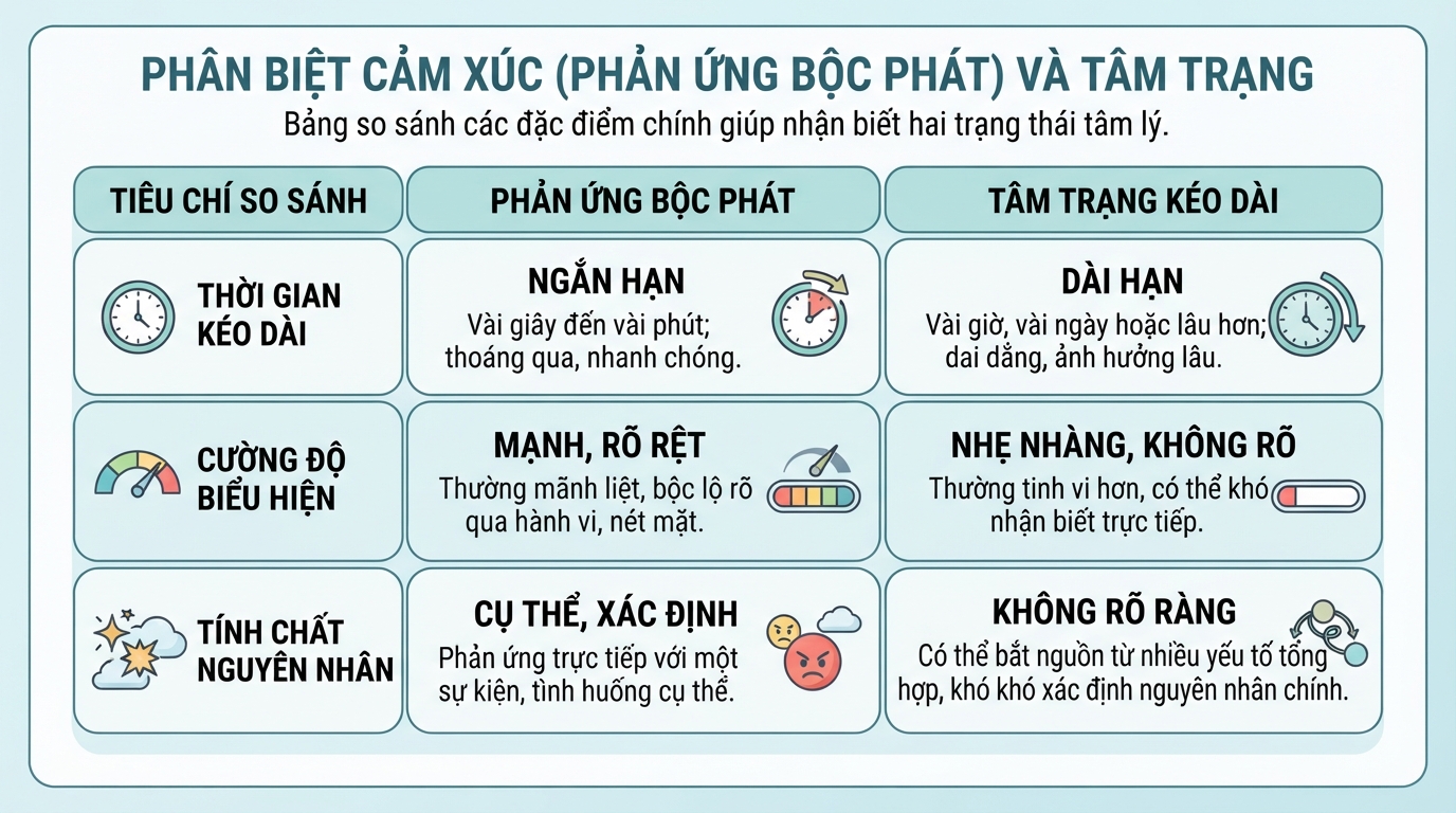 Bảng so sánh đặc điểm phân biệt giữa phản ứng bộc phát và tâm trạng kéo dài.