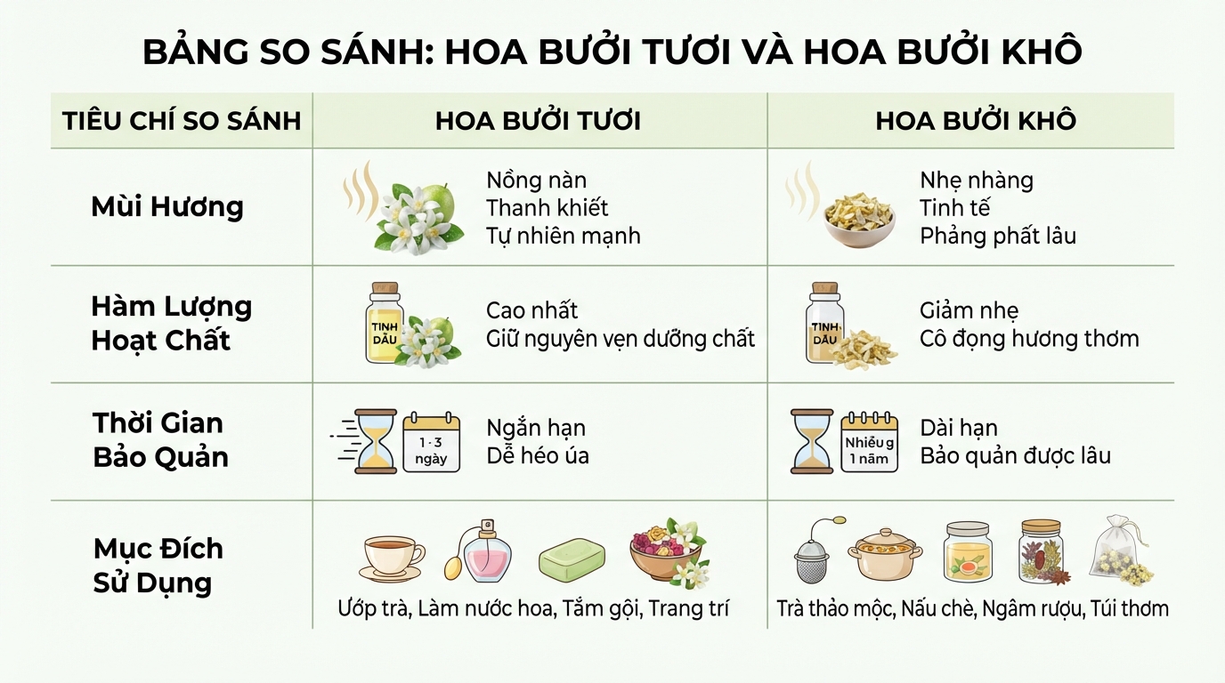 Bảng so sánh đặc tính và ứng dụng thực tế giữa hoa bưởi tươi và hoa bưởi khô.