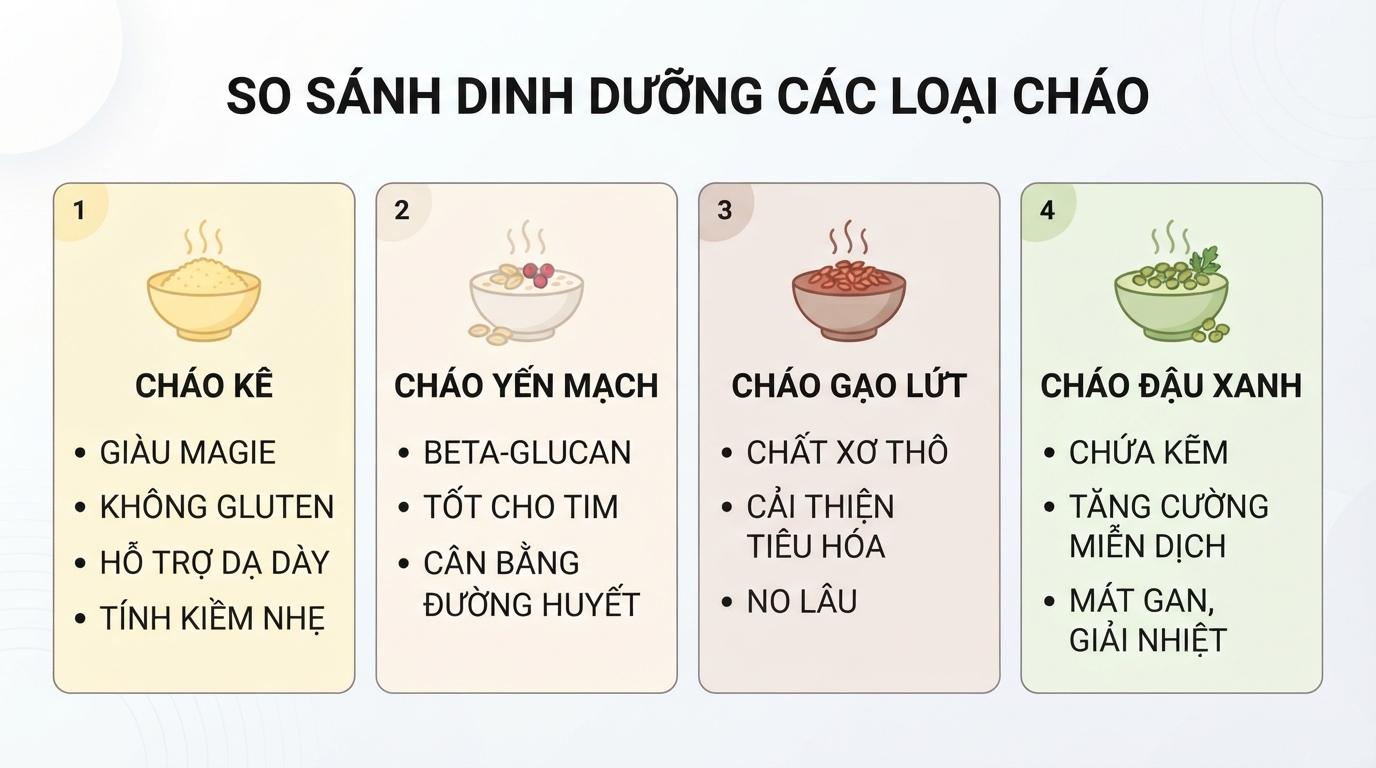 Bảng so sánh dinh dưỡng giúp bạn chọn loại cháo phù hợp nhất với nhu cầu sức khỏe.