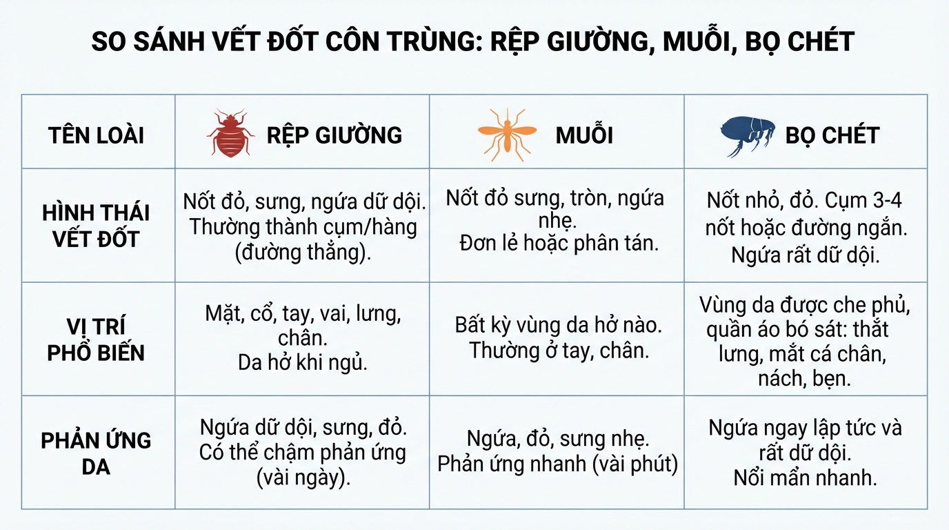 Bảng so sánh hình thái vết thương do rệp, muỗi và bọ chét.