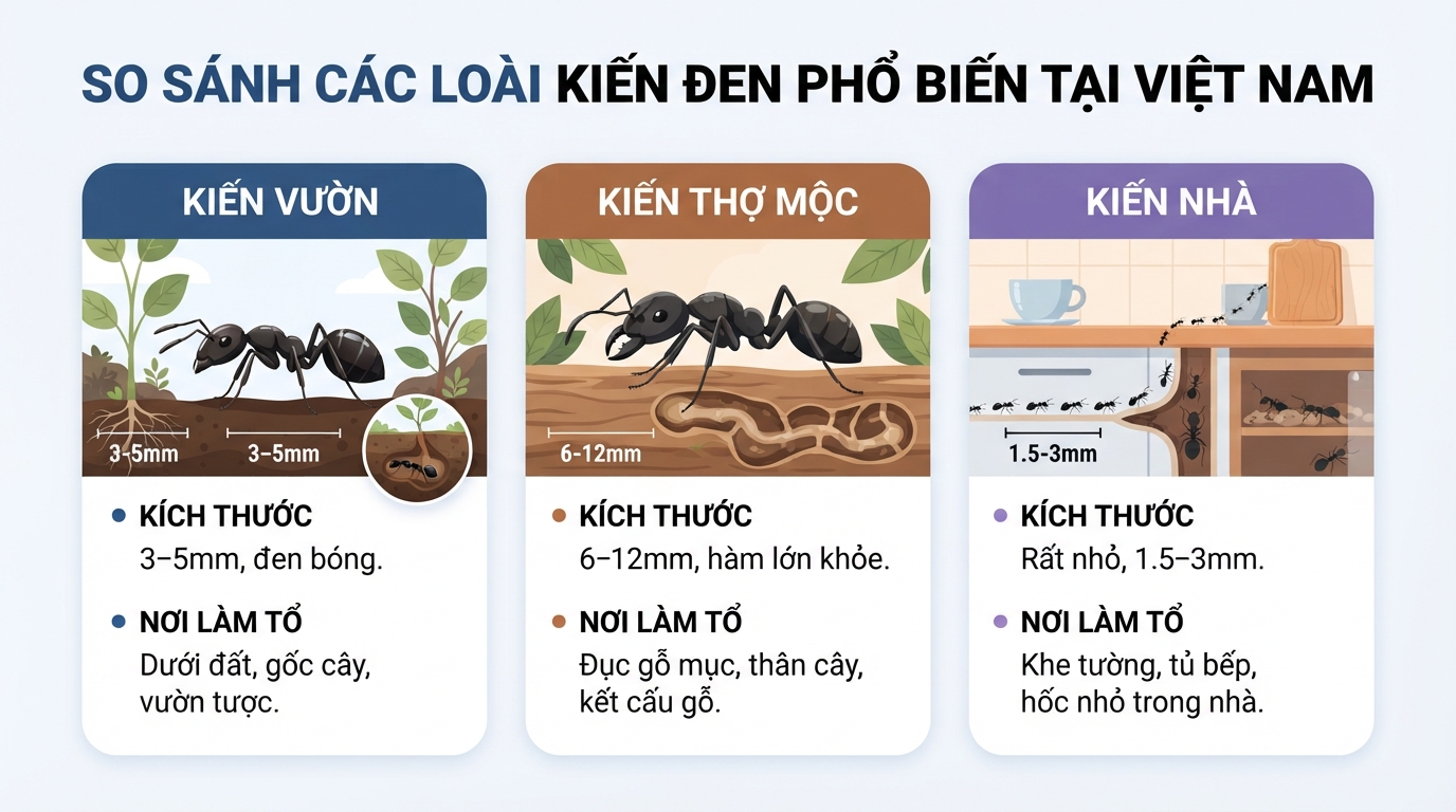 Bảng so sánh kích thước và nơi làm tổ của các loài kiến đen phổ biến tại Việt Nam.