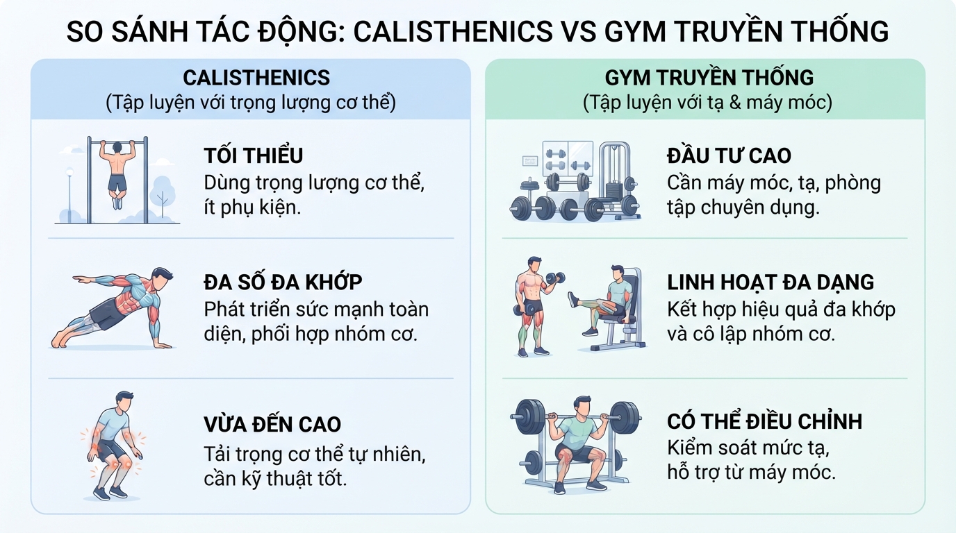 Bảng so sánh mức độ tác động cơ khớp giữa calisthenics và gym truyền thống.