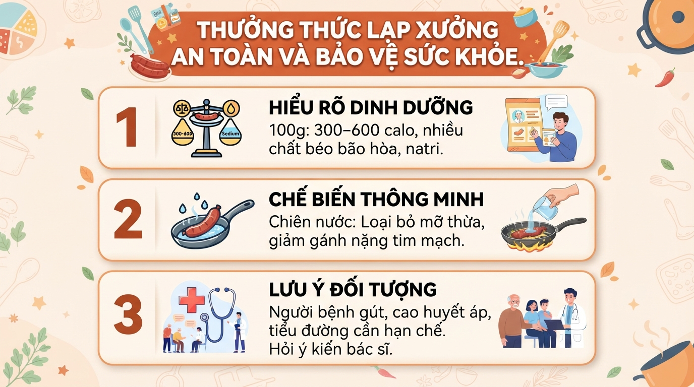 Lạp xưởng bao nhiêu calo? Cách chiên bằng nước ít béo nhất