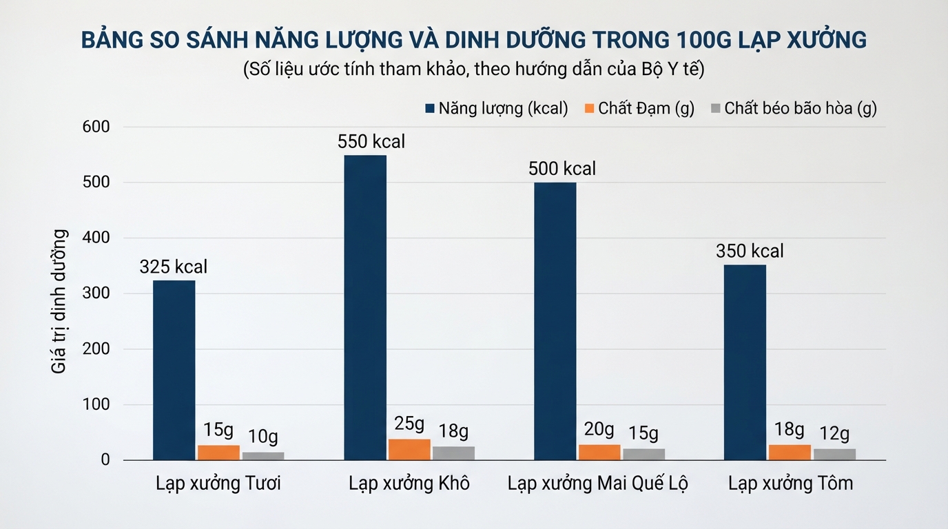 Bảng so sánh năng lượng trong 100g lạp xưởng theo Bộ Y tế.