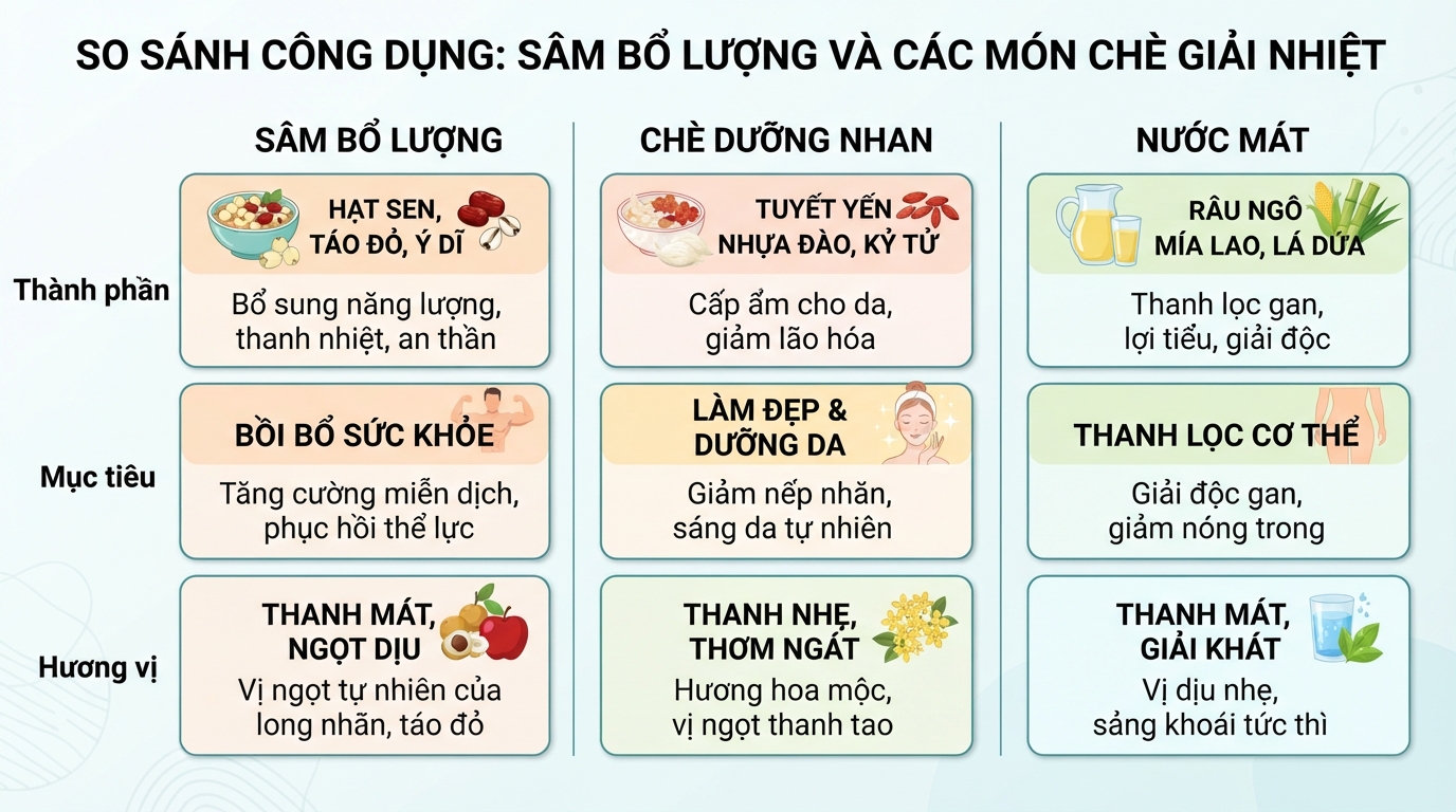 Bảng so sánh sự khác biệt về công dụng giữa sâm bổ lượng và các món chè giải nhiệt.