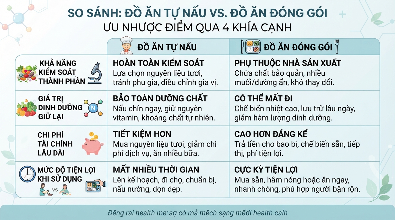 Bảng so sánh ưu nhược điểm giữa đồ ăn tự nấu và đóng gói.