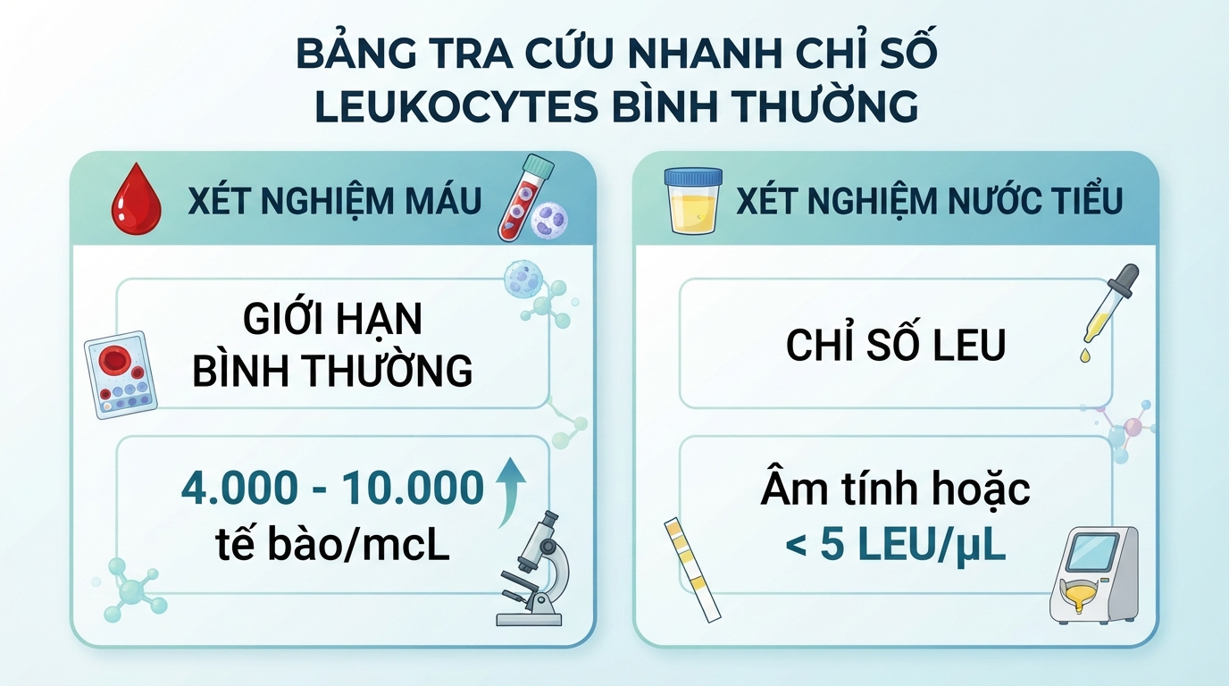 Bảng tra cứu nhanh chỉ số leukocytes bình thường trong xét nghiệm máu và nước tiểu.