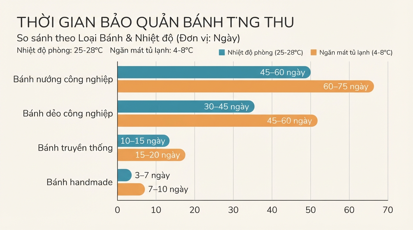 Bánh trung thu để được bao lâu tùy thuộc vào loại bánh công nghiệp hay handmade.