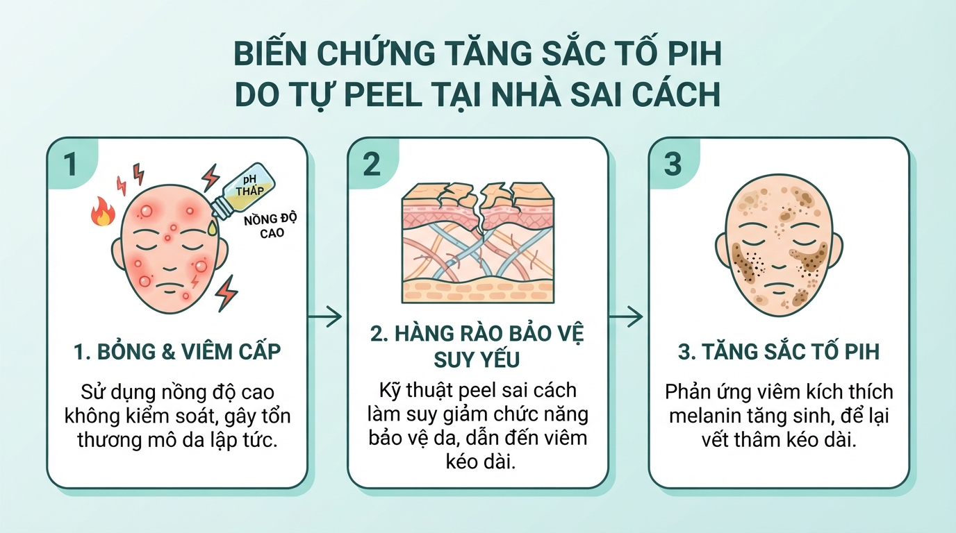 Biến chứng tăng sắc tố PIH do tự ý peel dung dịch nồng độ cao tại nhà sai quy trình.