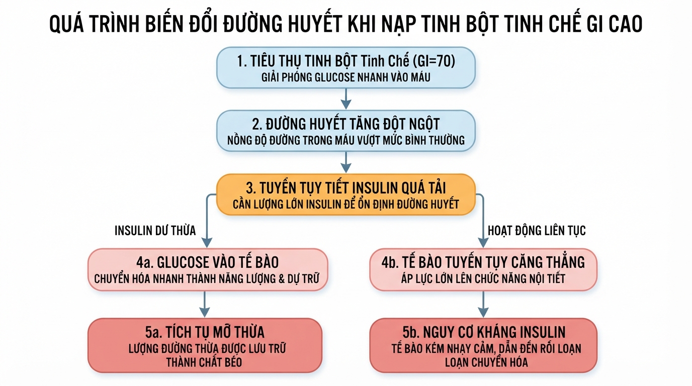 Biến động đường huyết và tuyến tụy tiết insulin khi nạp tinh bột tinh chế.