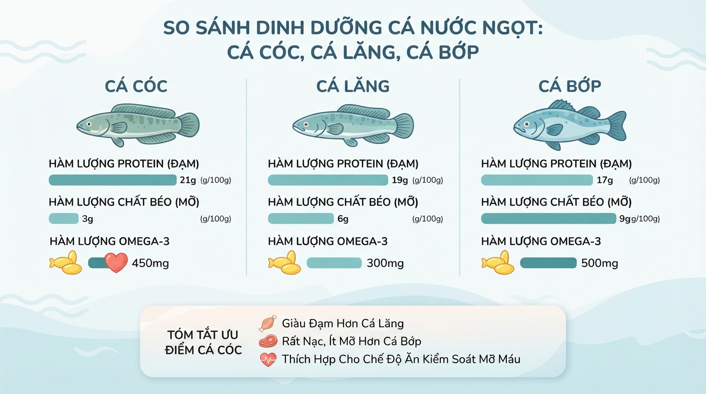 Biểu đồ so sánh lượng protein và chất béo giữa ba loài cá nước ngọt.