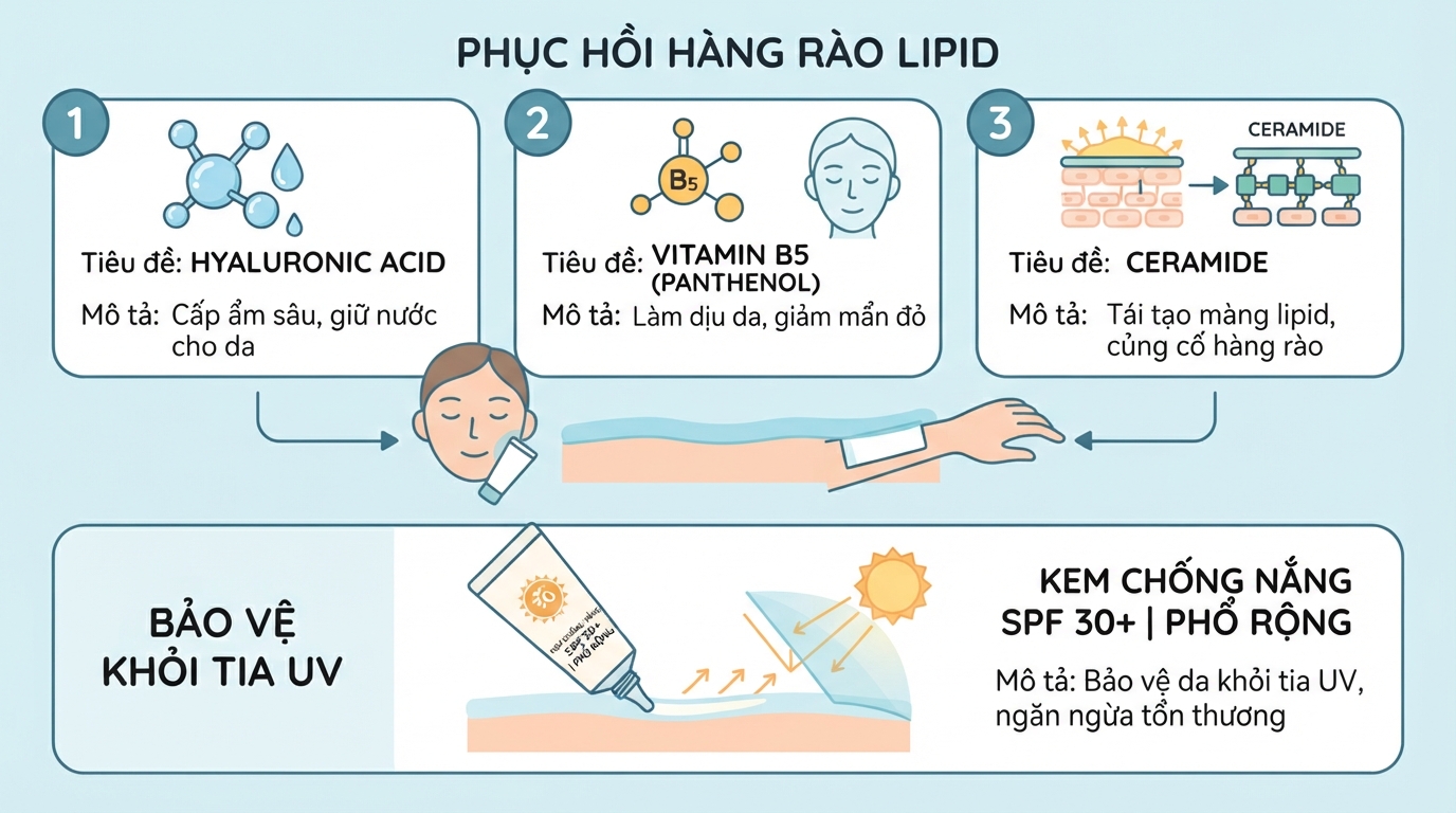 Bộ ba thành phần phục hồi kết hợp cùng kem chống nắng giúp tái thiết hàng rào lipid.