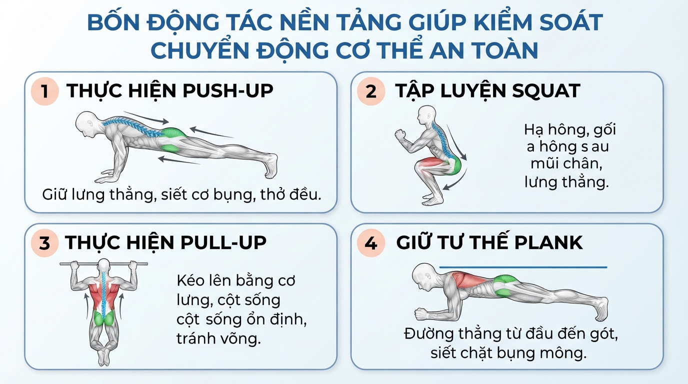 Bốn động tác nền tảng giúp kiểm soát chuyển động cơ thể an toàn hiệu quả.