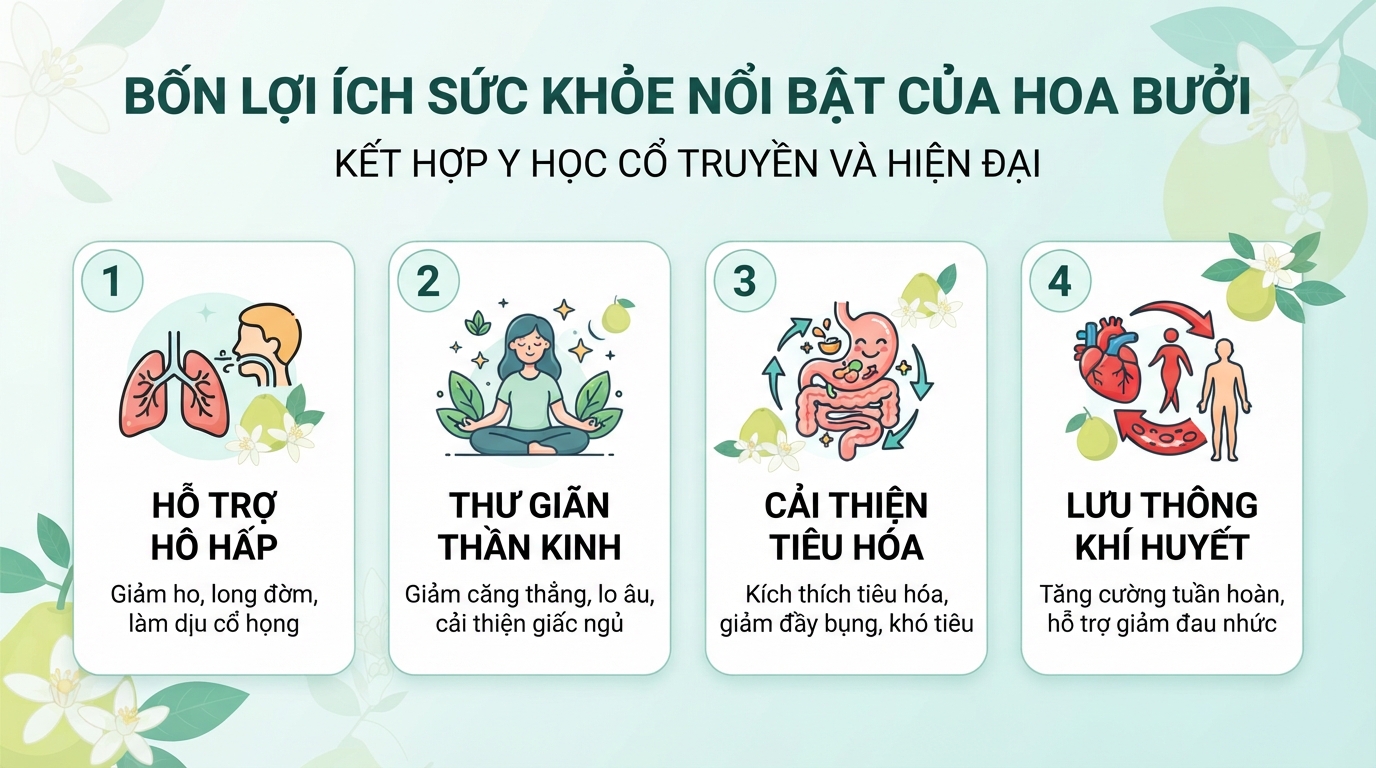 Bốn lợi ích sức khỏe nổi bật của hoa bưởi trong y học cổ truyền và hiện đại.