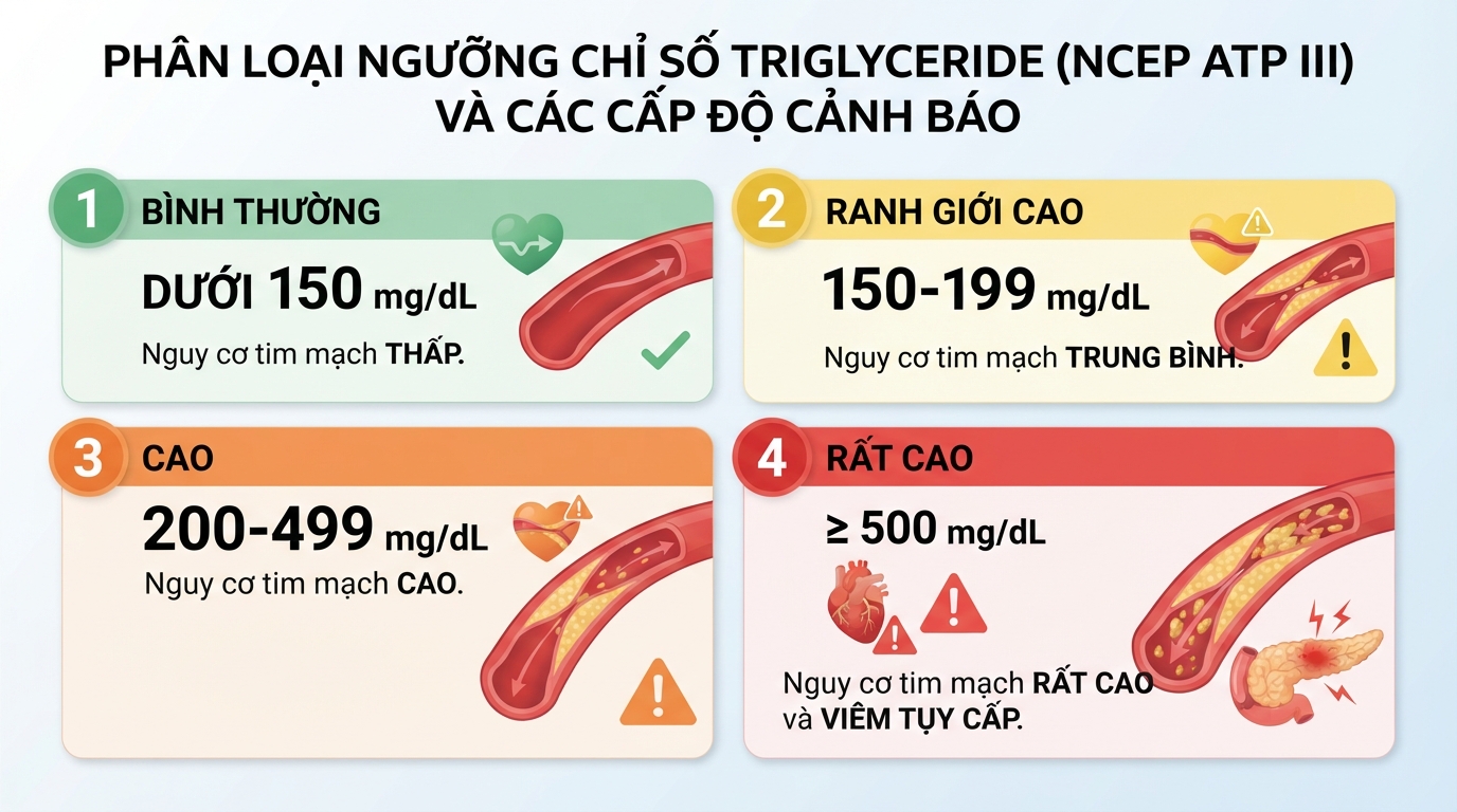 Bốn ngưỡng chỉ số mg/dL giúp theo dõi và đánh giá nguy cơ biến chứng tim mạch.