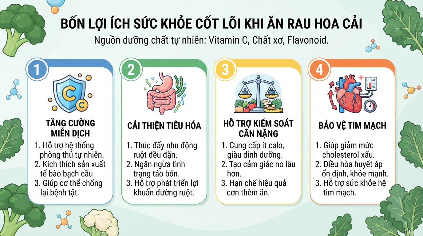 Bốn nhóm công dụng sức khỏe cốt lõi khi bổ sung rau vào chế độ ăn.