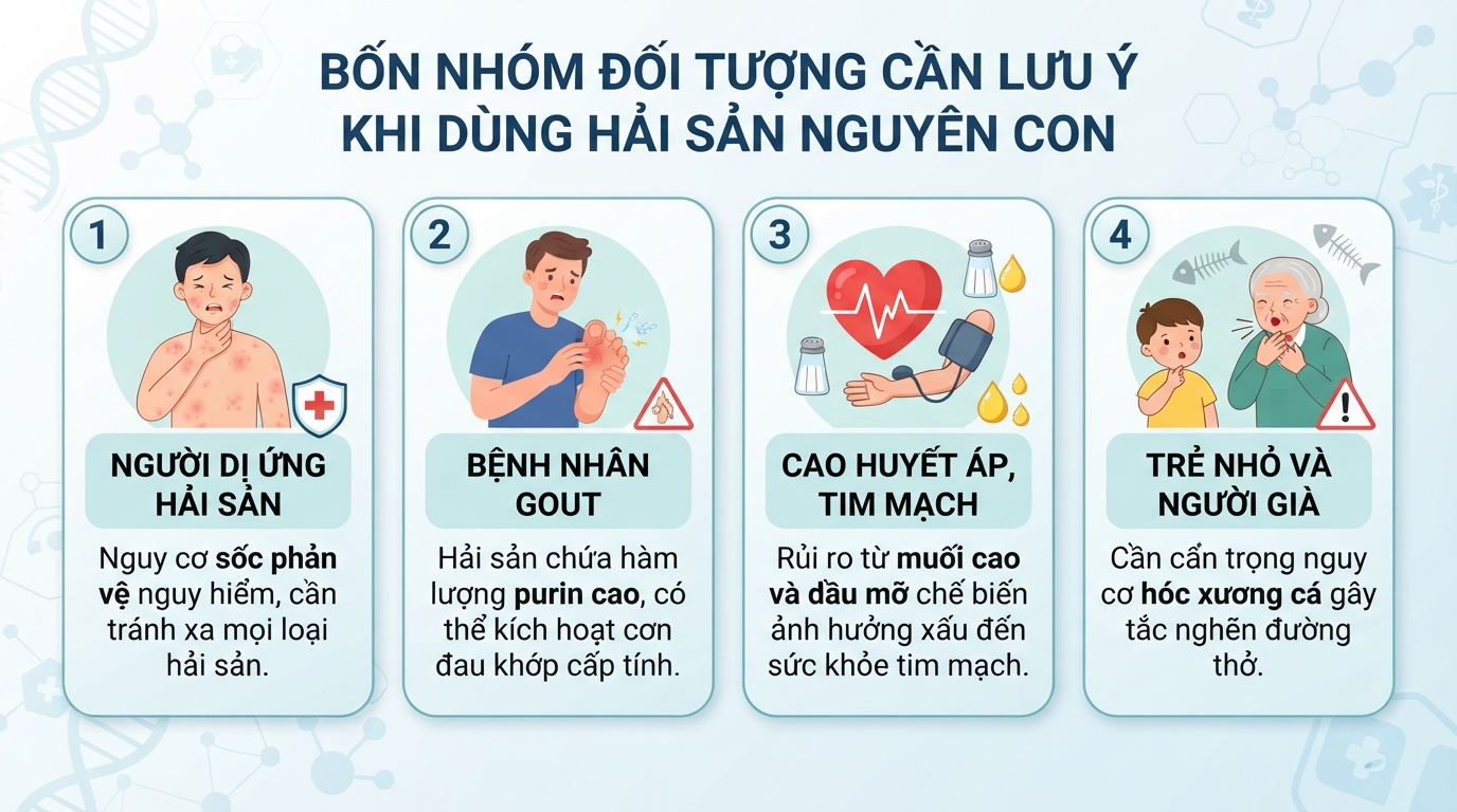 Bốn nhóm đối tượng cần lưu ý phản ứng cơ thể khi dùng hải sản nguyên con.