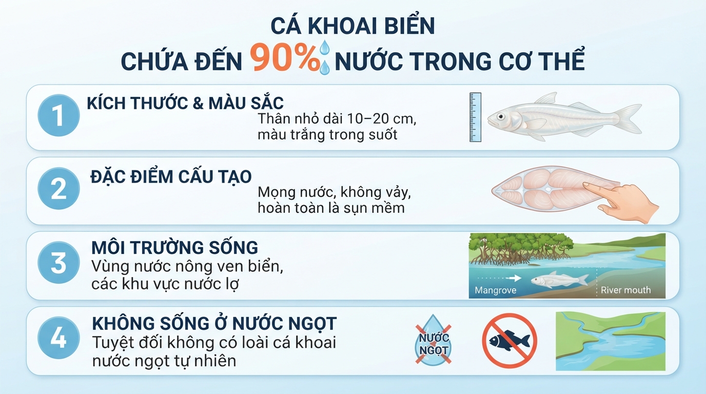 Cá khoai biển chứa lượng nước lên đến chín mươi phần trăm trong cấu trúc cơ thể.