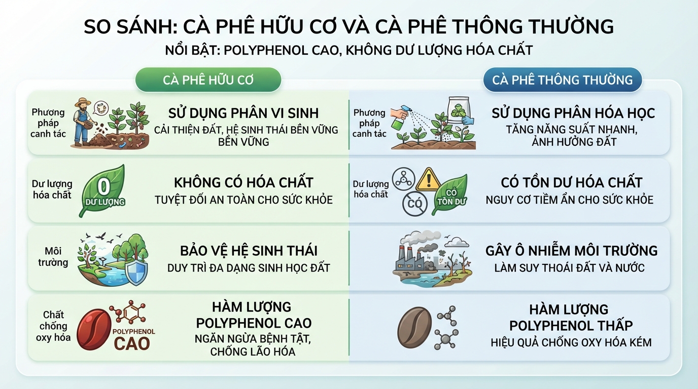 Cà phê hữu cơ nổi bật nhờ hàm lượng Polyphenol cao và không dư lượng hóa chất.
