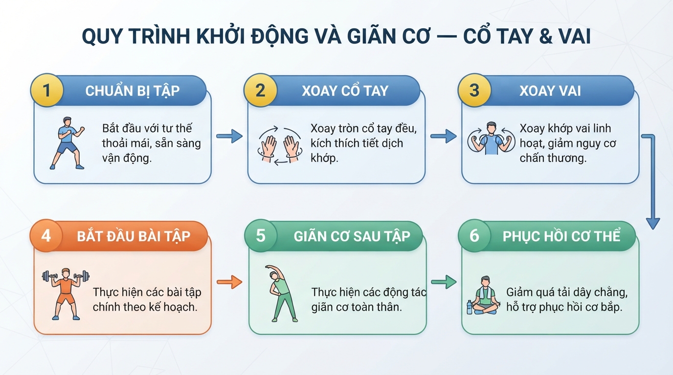 Các bước khởi động khớp cổ tay và vai trước khi thực hiện bài tập.