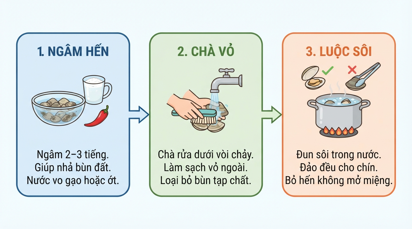 Các bước ngâm xả, chà vỏ và luộc sôi loại bỏ tạp chất cùng hến hỏng.