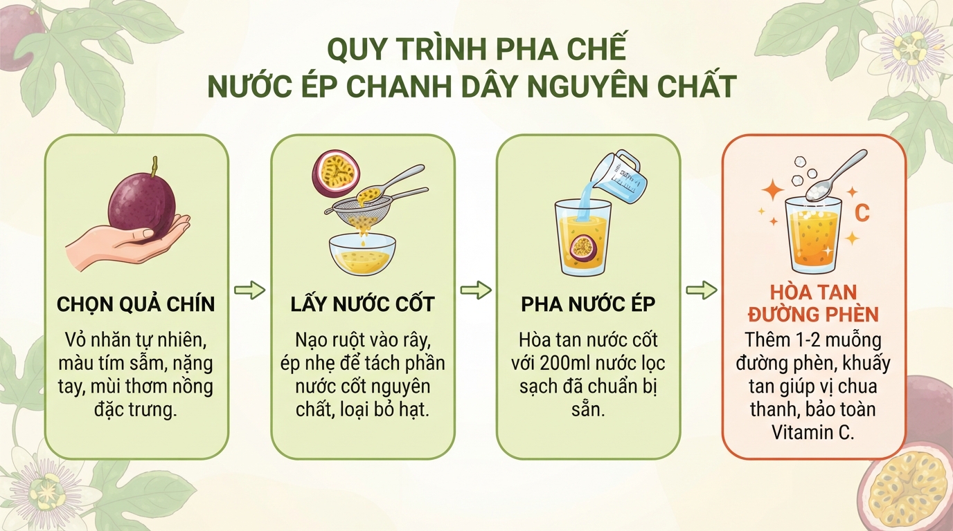 Các bước pha chế nước ép chanh dây nguyên chất giữ trọn vitamin C tự nhiên.