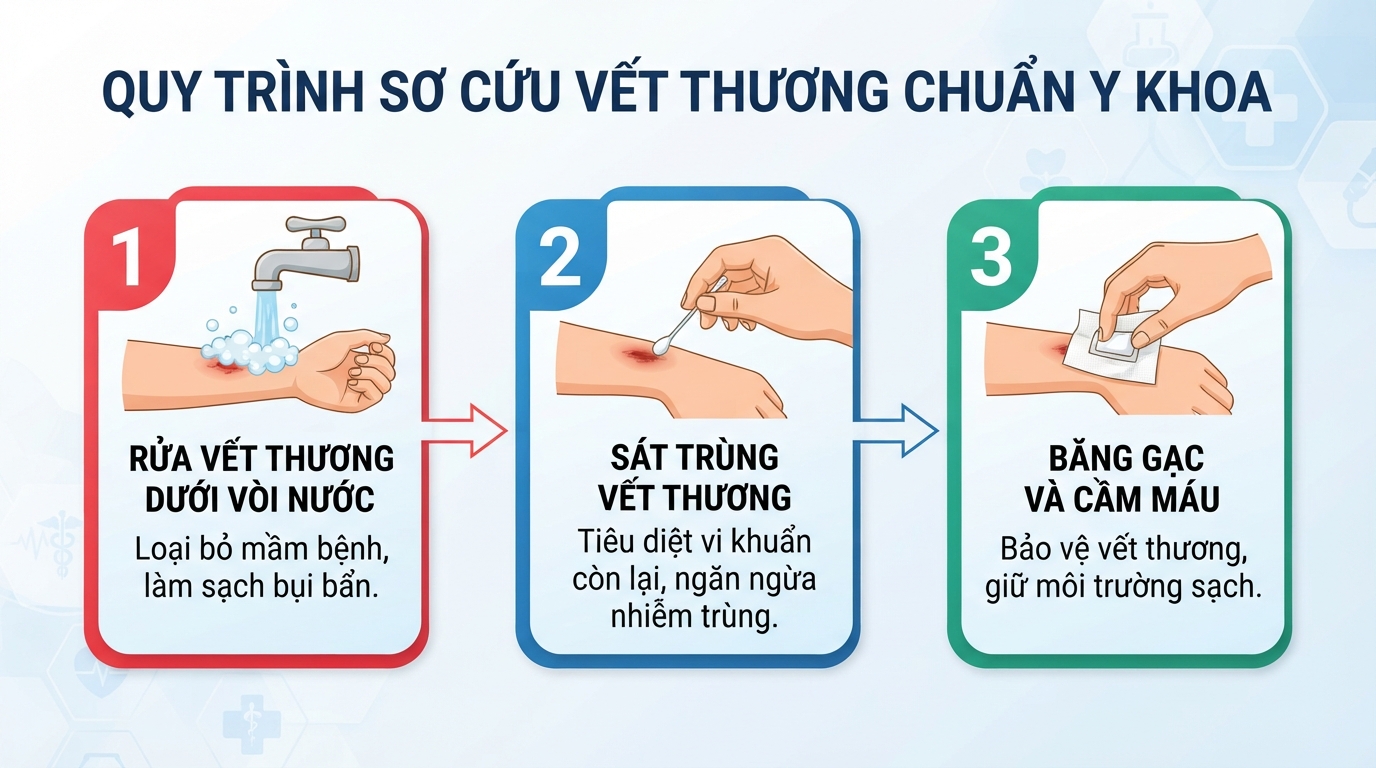 Các bước rửa nước, sát trùng povidine và băng gạc giúp giảm thiểu nguy cơ nhiễm trùng.
