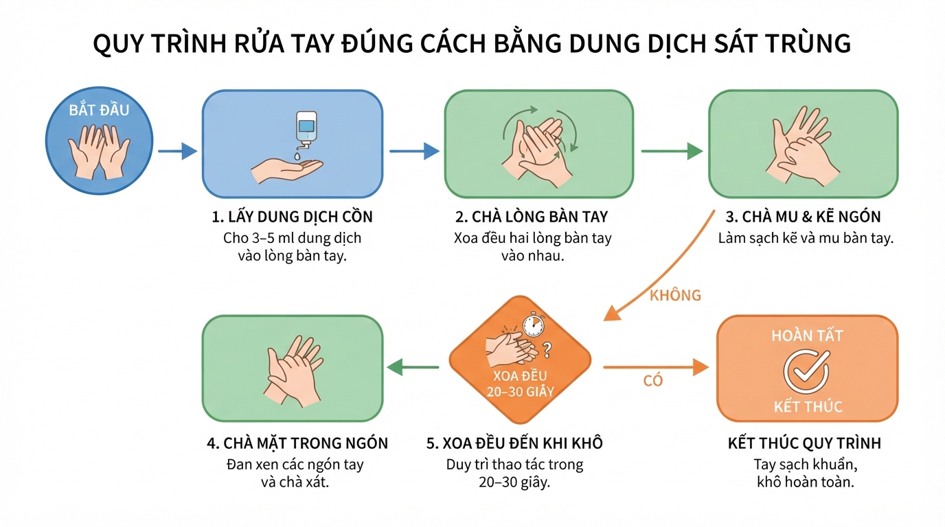 Các bước rửa tay bằng dung dịch sát trùng đúng cách để đạt hiệu quả diệt khuẩn.