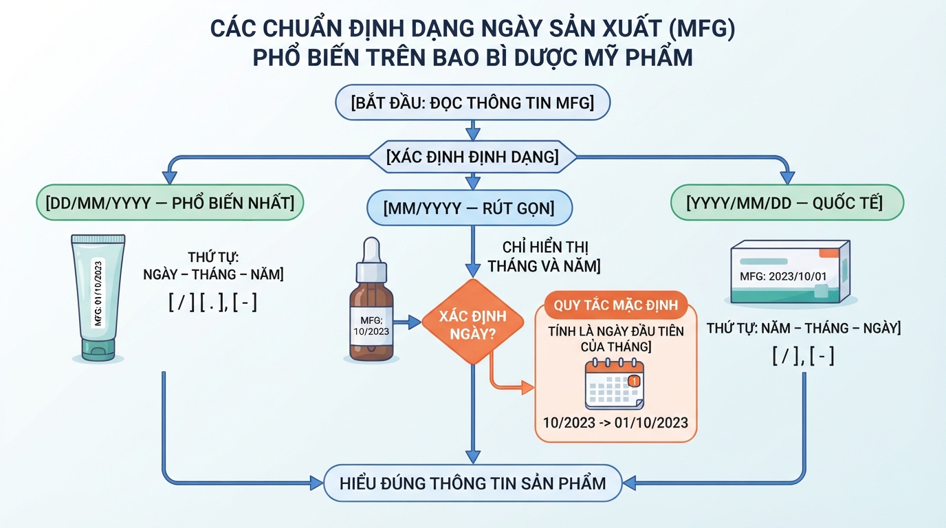 Các chuẩn định dạng ngày sản xuất phổ biến trên bao bì dược mỹ phẩm.