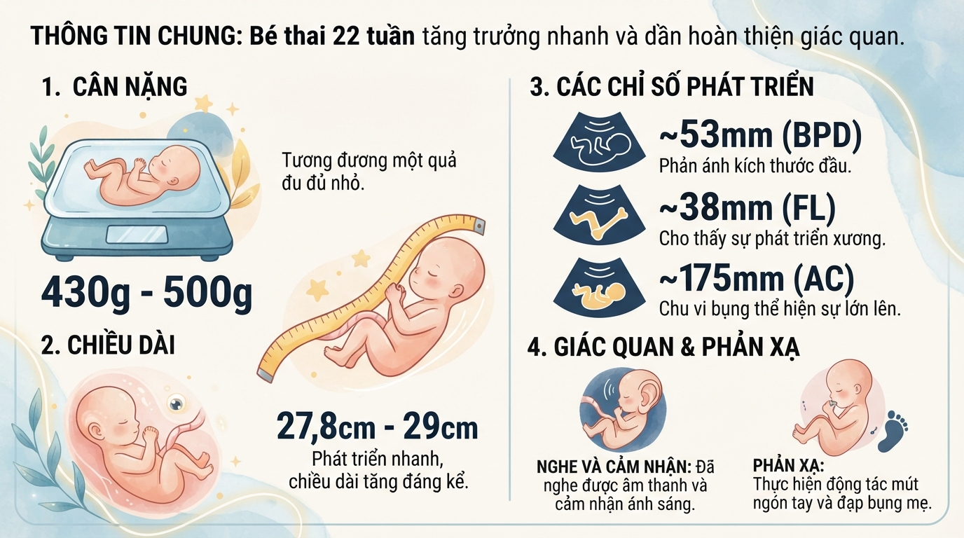 Thai 22 tuần là mấy tháng? Chỉ số phát triển và mốc siêu âm cần biết
