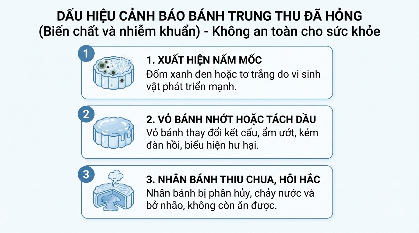 Các dấu hiệu cảnh báo bánh trung thu đã bị biến chất và nhiễm khuẩn.