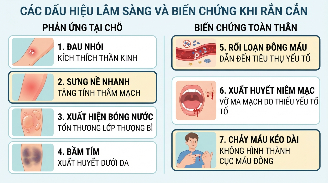 Các dấu hiệu lâm sàng tại chỗ và biến chứng toàn thân khi nhiễm nọc độc.