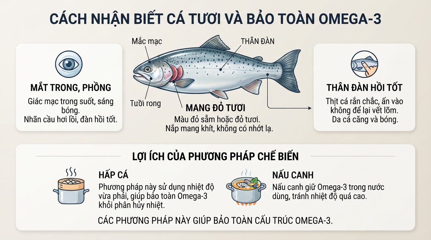 Các dấu hiệu nhận biết cá tươi qua mắt, mang và độ đàn hồi thân cá.