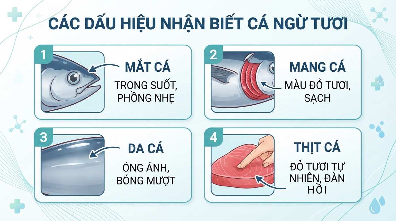 Các dấu hiệu quan sát trực quan giúp nhận biết cá ngừ đạt chuẩn độ tươi.