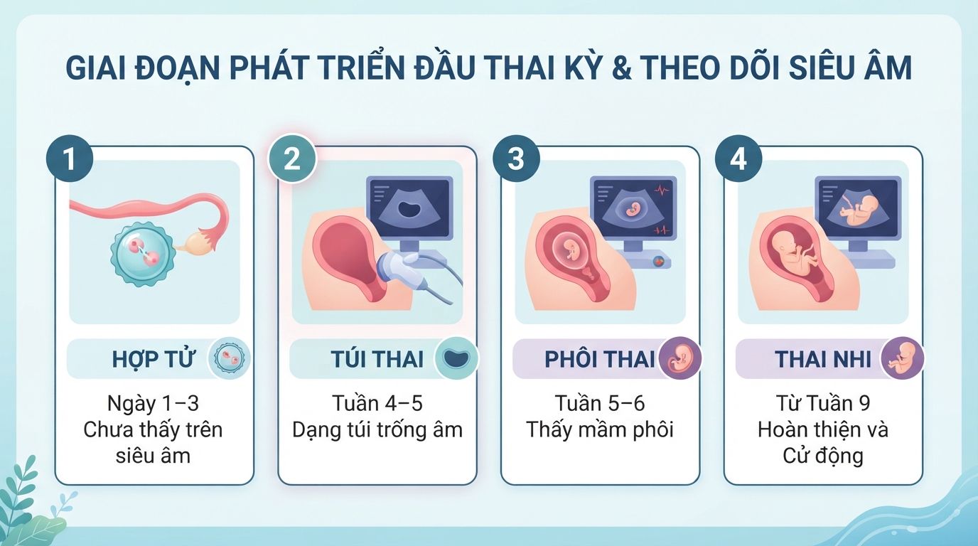 Các giai đoạn phát triển đầu thai kỳ yêu cầu mốc theo dõi siêu âm riêng biệt.
