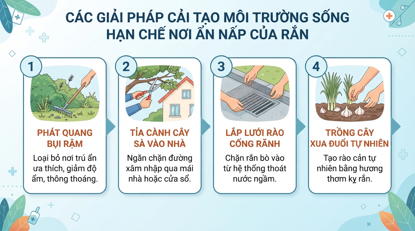 Các giải pháp cải tạo không gian sống hạn chế nơi ẩn nấp của bò sát.