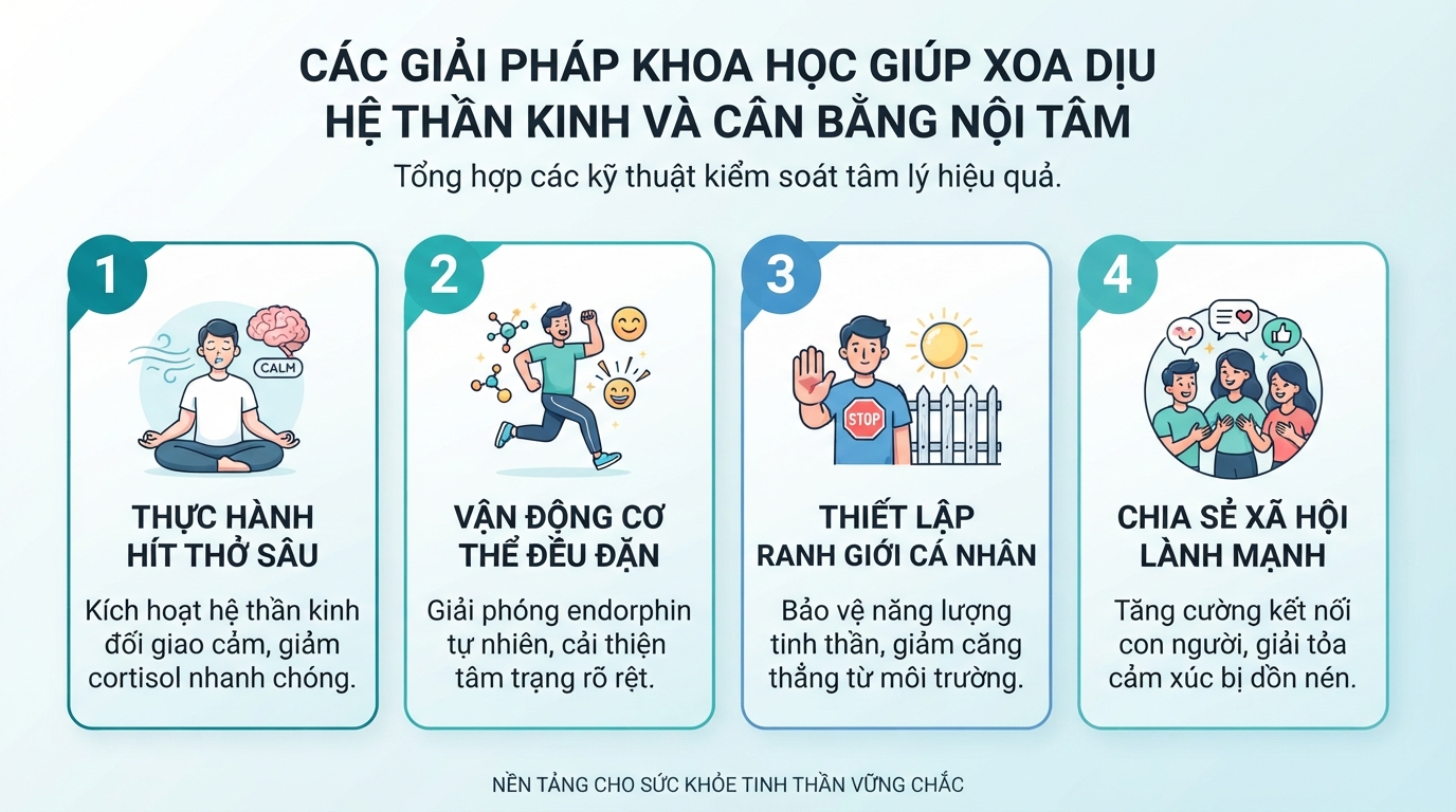 Các giải pháp khoa học giúp xoa dịu hệ thần kinh và cân bằng nội tâm.