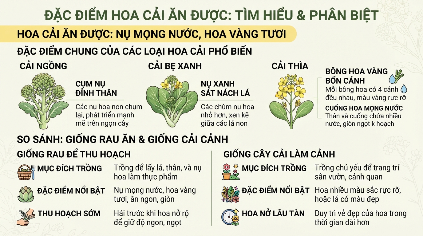 Các giống hoa cải ăn được thường có hoa màu vàng tươi và nụ mọng nước.