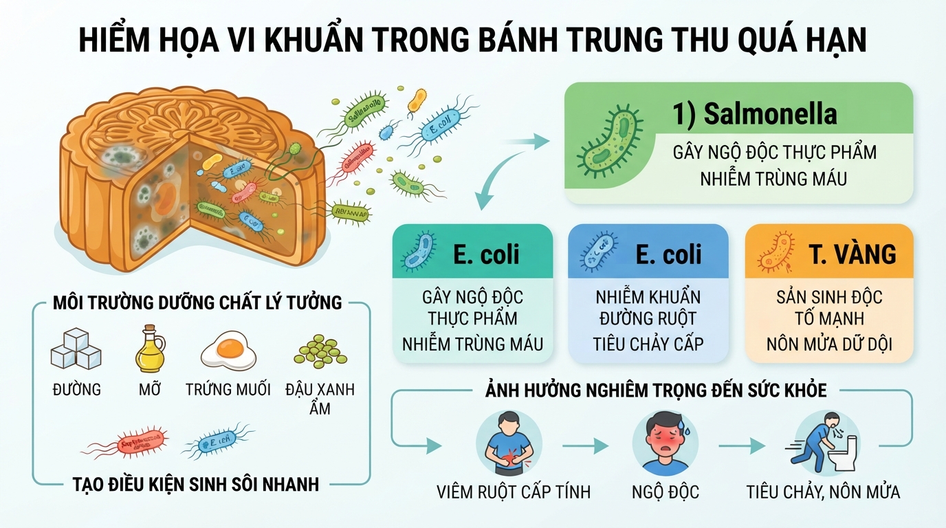 Các loại vi khuẩn nguy hiểm sinh sôi cực nhanh trong nhân bánh trung thu quá hạn.