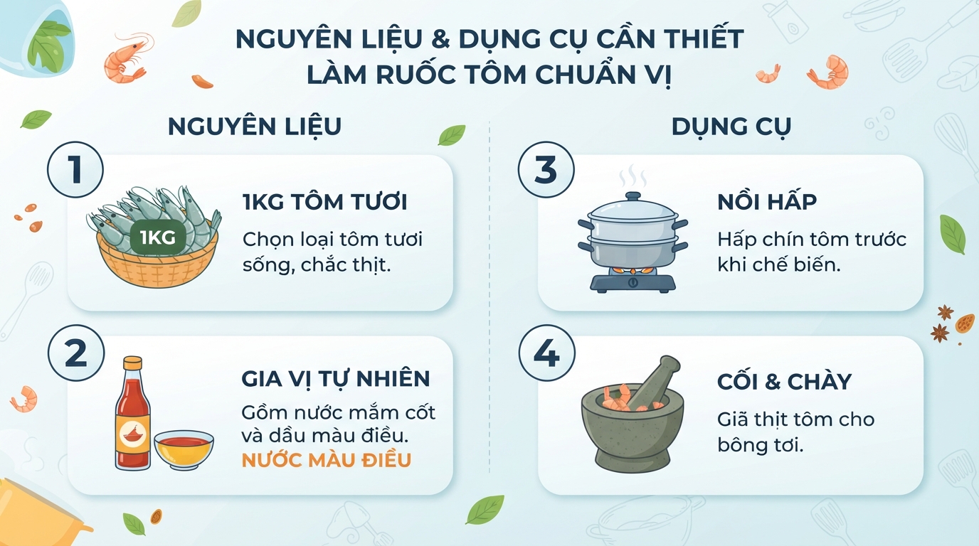 Các nguyên liệu và dụng cụ cần thiết để chế biến món ruốc tôm chuẩn vị tại nhà.