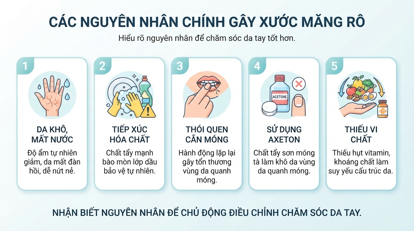 Các nguyên nhân chính gây ra tình trạng xước măng rô trên da tay. Các nguyên nhân chính gây ra tình trạng xước măng rô trên da tay.