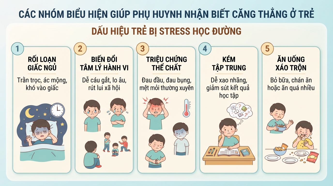 Các nhóm biểu hiện giúp phụ huynh kịp thời nhận biết căng thẳng ở trẻ.