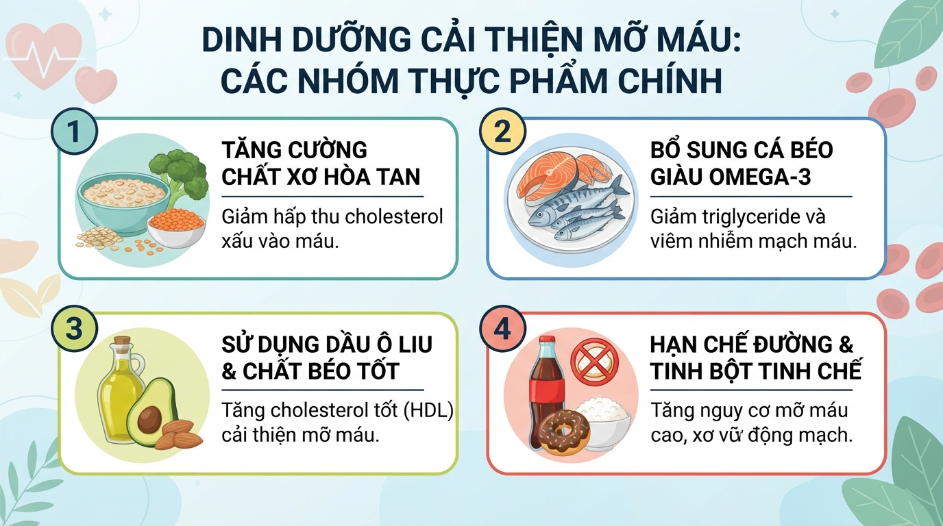 Các nhóm thực phẩm giàu omega 3 và xơ hòa tan giúp hạ lipid máu.