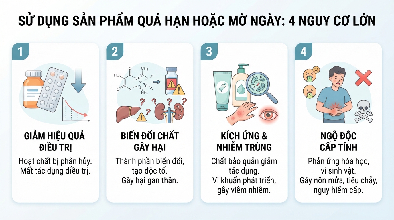 Các rủi ro sức khỏe khi vô tình dùng sản phẩm bị mờ hạn sử dụng.
