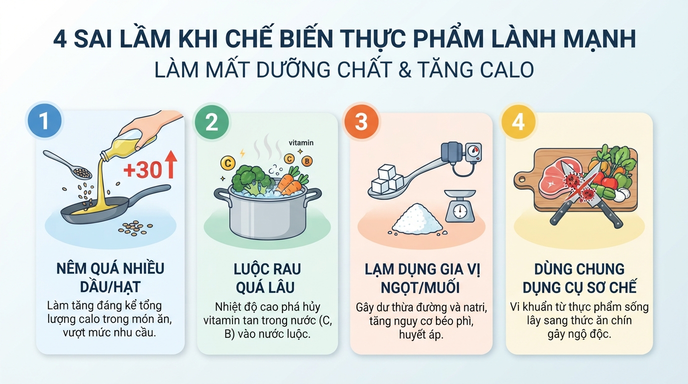 Các sai lầm chế biến làm mất dưỡng chất và tăng calo.