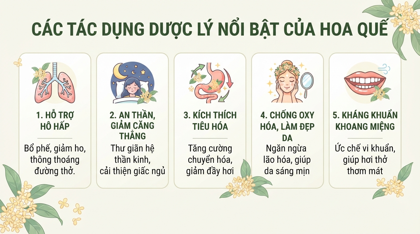 Các tác dụng dược lý nổi bật giúp hỗ trợ hô hấp, tiêu hóa và an thần hiệu quả.