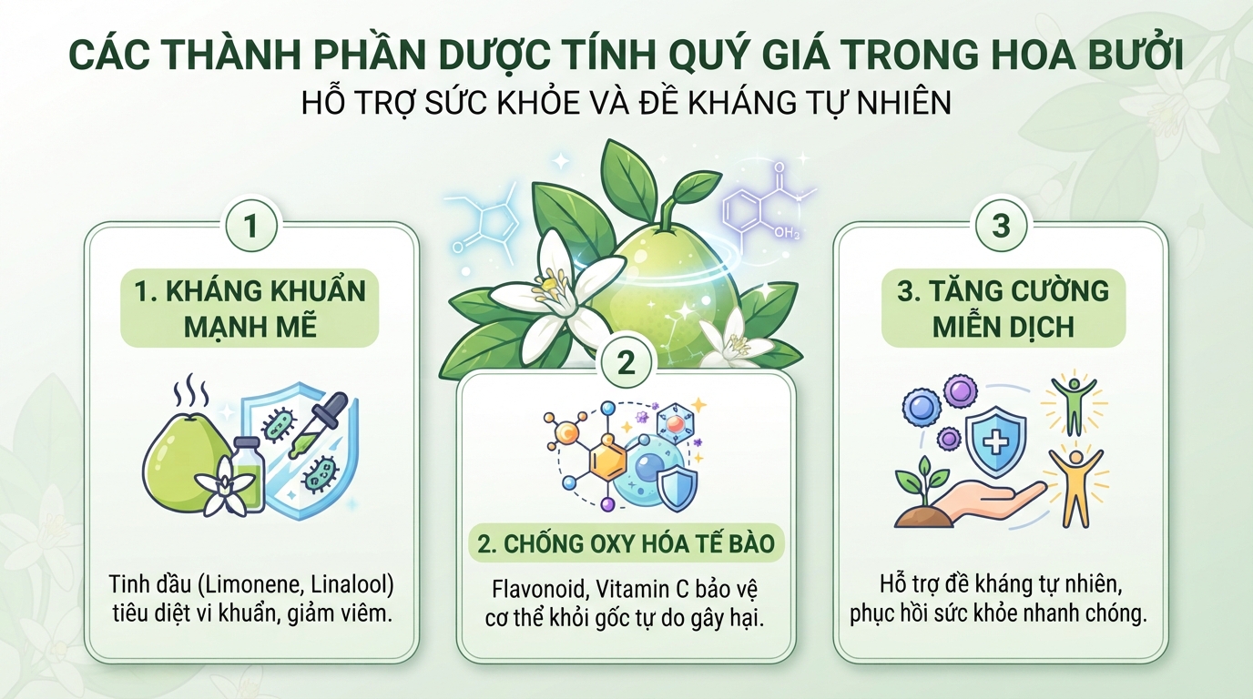 Các thành phần dược tính quý giá trong hoa bưởi hỗ trợ sức khỏe và đề kháng tự nhiên.