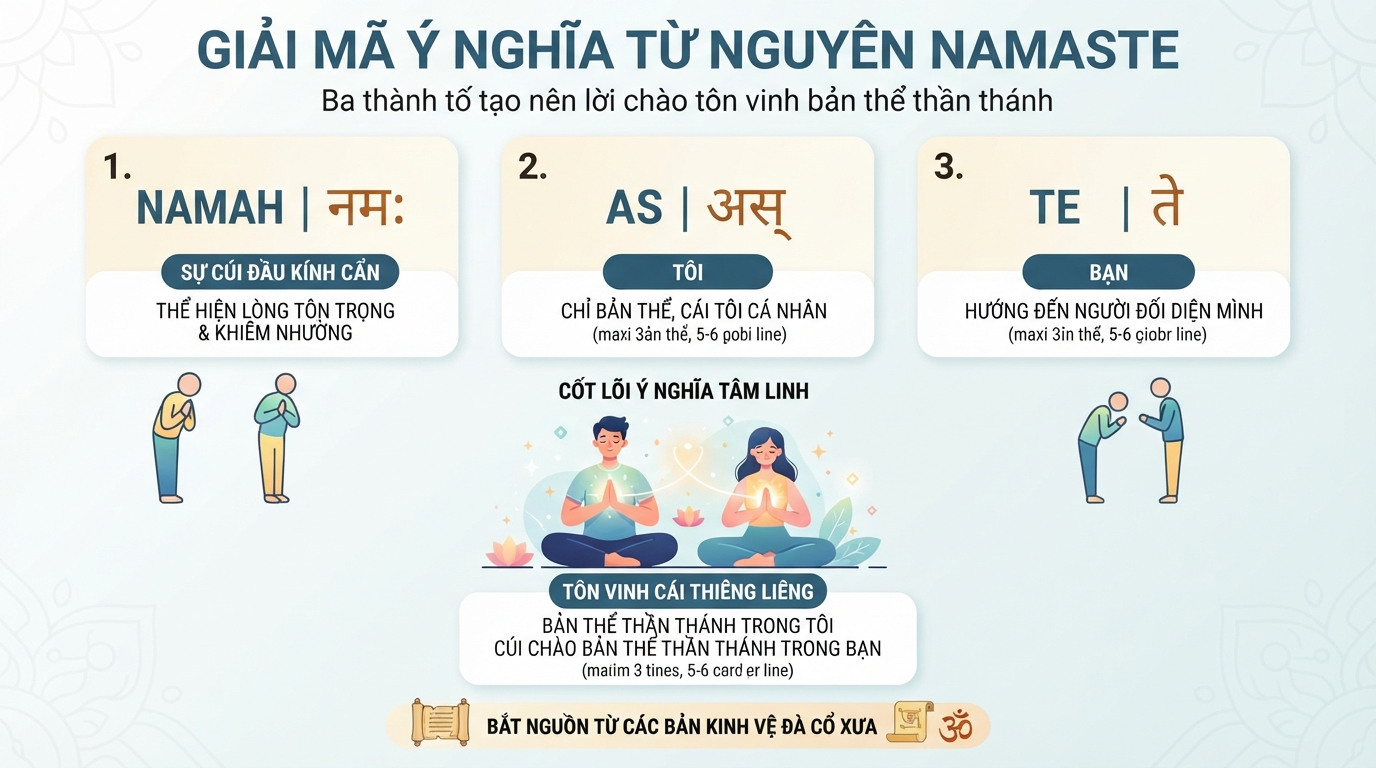 Các thành tố tiếng Phạn tạo nên ý nghĩa tôn vinh bản thể trong lời chào namaste.